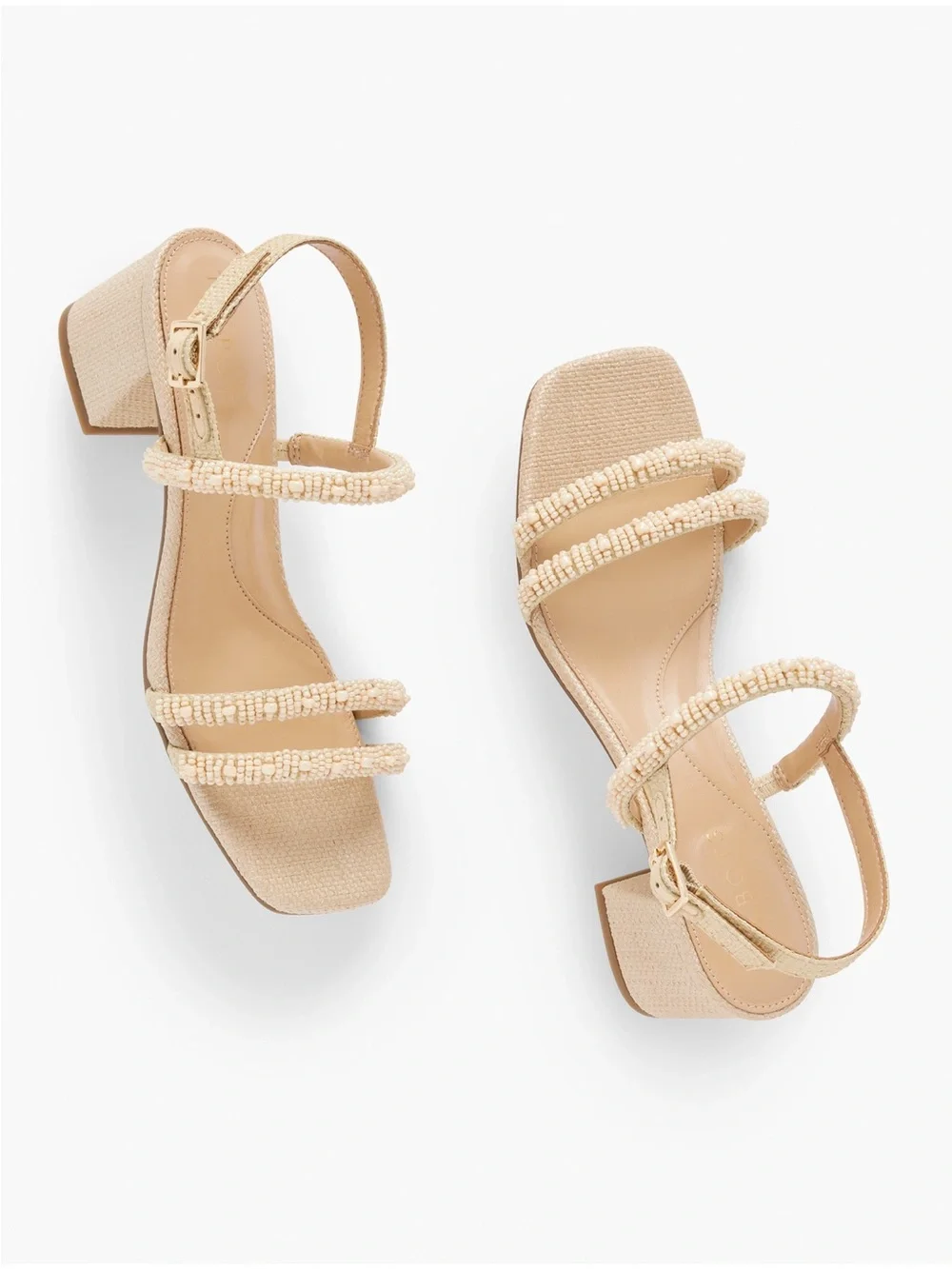 NEW Talbots Maya Strappy Beaded Sandals Block Heels Light Fawn
